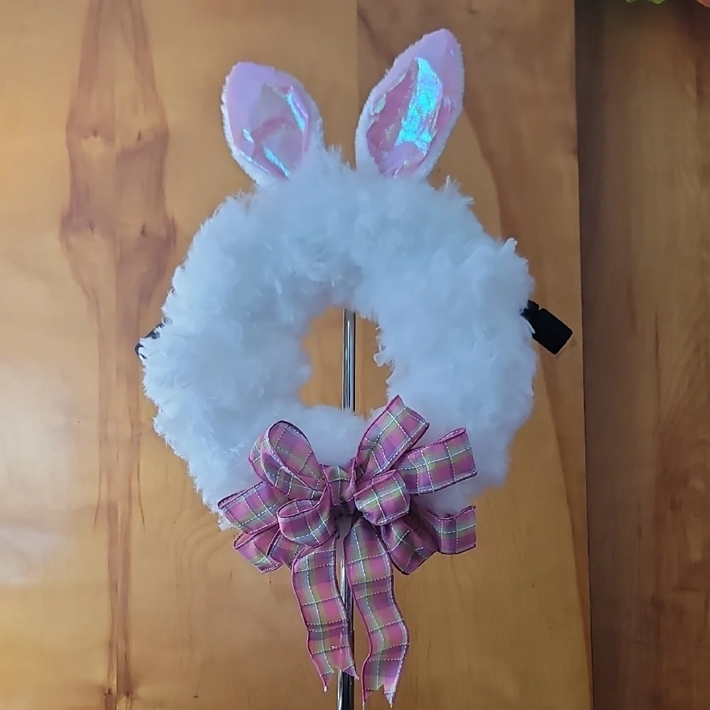 White Bunny Ear Wreath with Pink Plaid Bow
